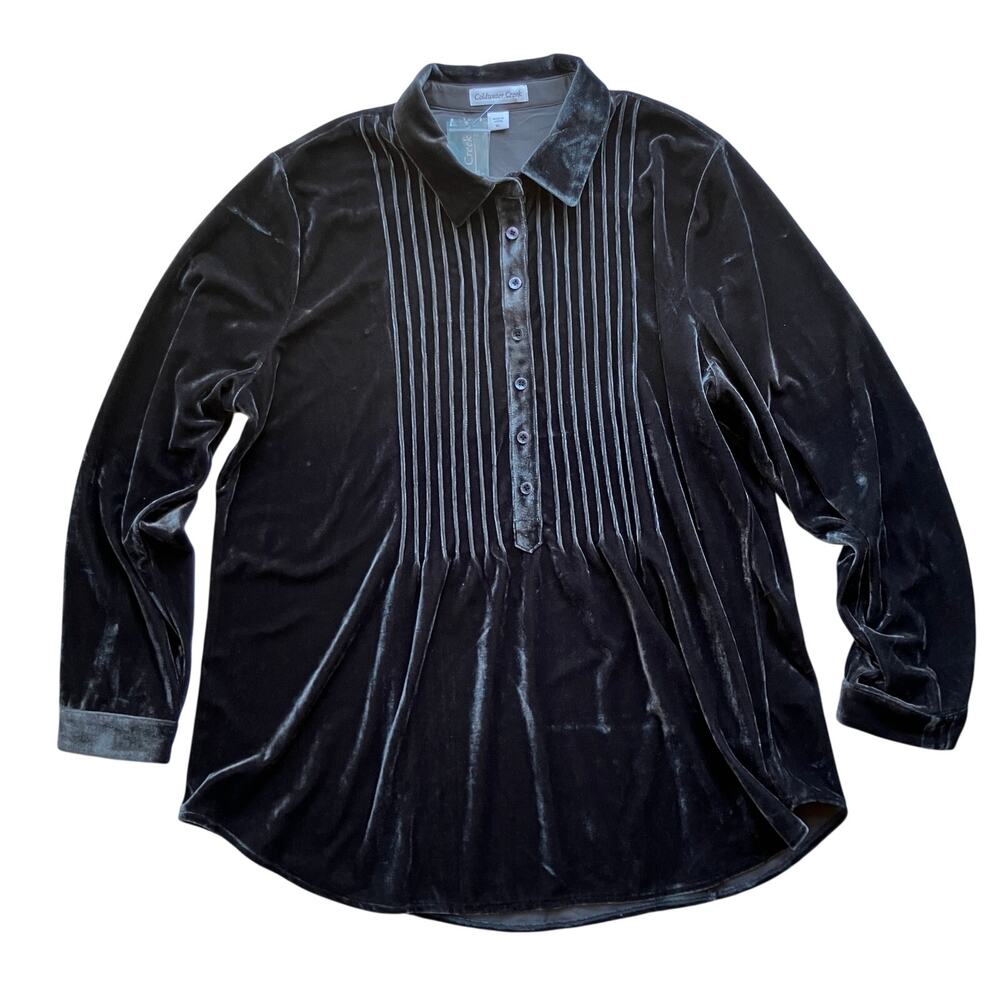 NWT Coldwater Creek Dark Gray Velvet Pleat Button Front Blouse Size XL